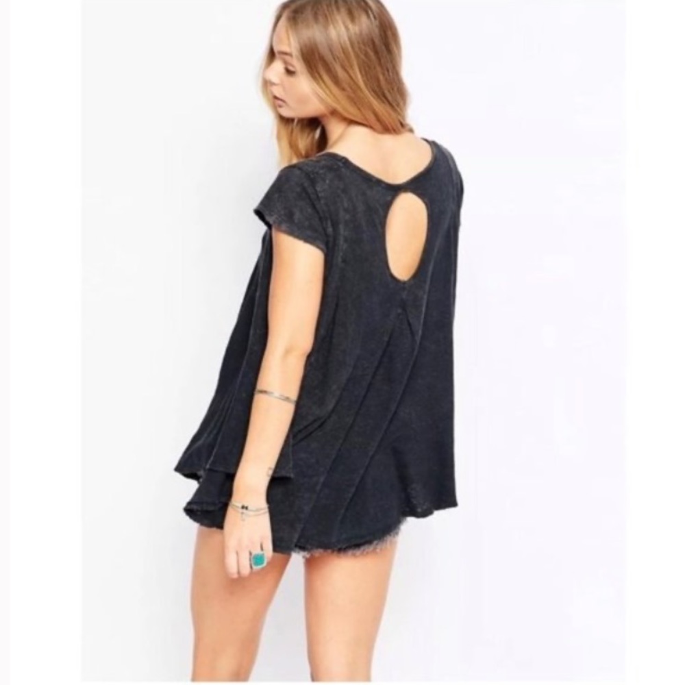 Free People Sylvie Slub Black Linen Keyhole Top